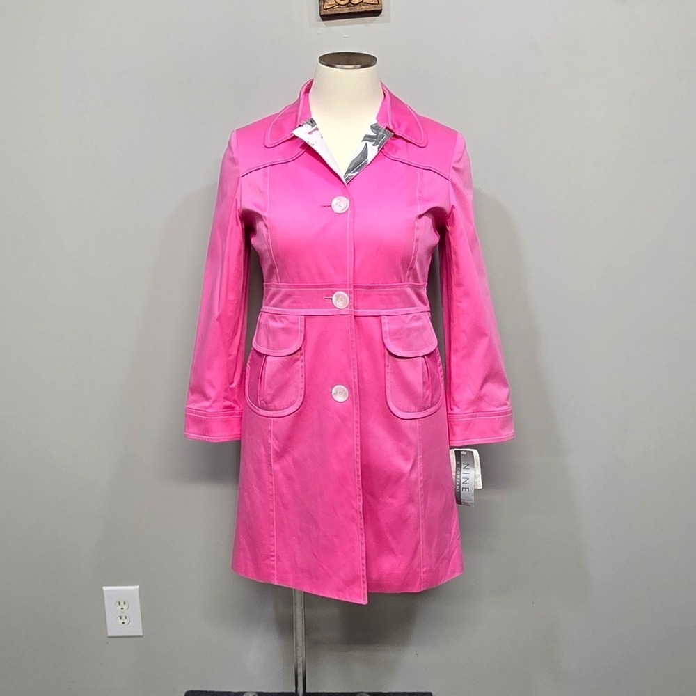 Vintage Y2K Bubble Gum Pink Trench Coat Plus Size 16 Stretch Cotton Barbiecore